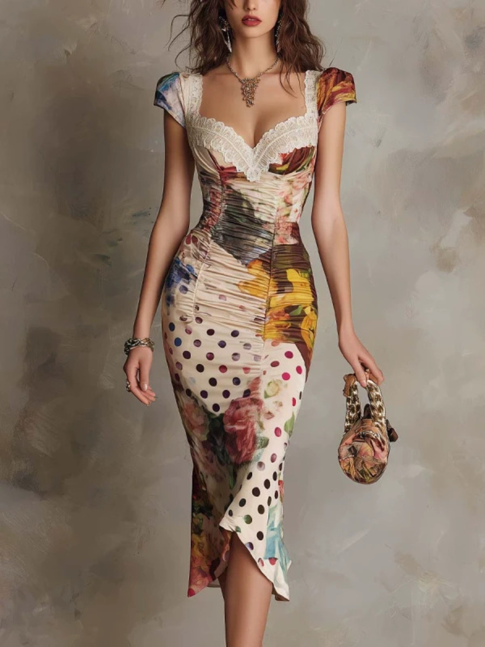 Vintage Floral Bodycon Dress Summer Slim Waist Party Gown